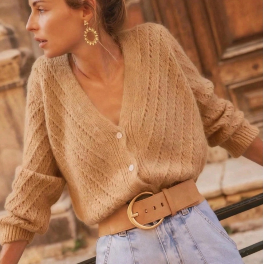 V-Cut Buttoned Down Camel Tan Knit Cardigan Textured, Long Sleeve